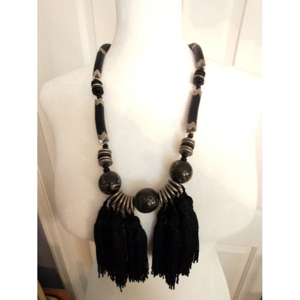 Vintage Black & Silver Snake Beaded Necklace with Tassels